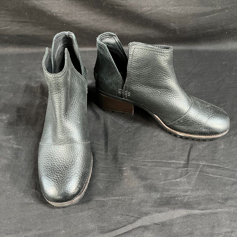 Sorel Women's Cate Cut Out Black Leather Slip On Ankle Boot Size US 7.5